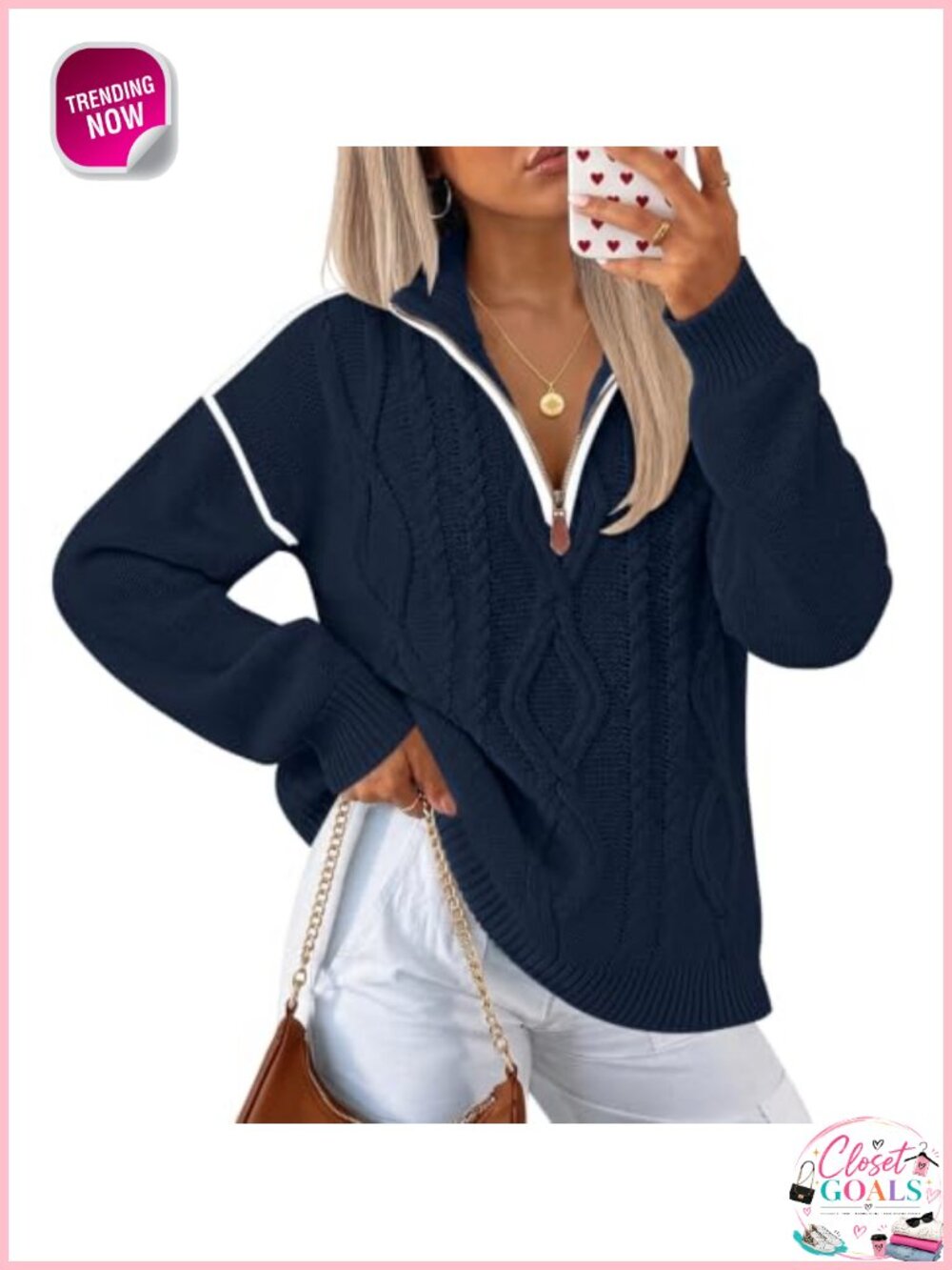 Womens Off Shoulder Quarter Zip Cable Knit Pullover Sweater